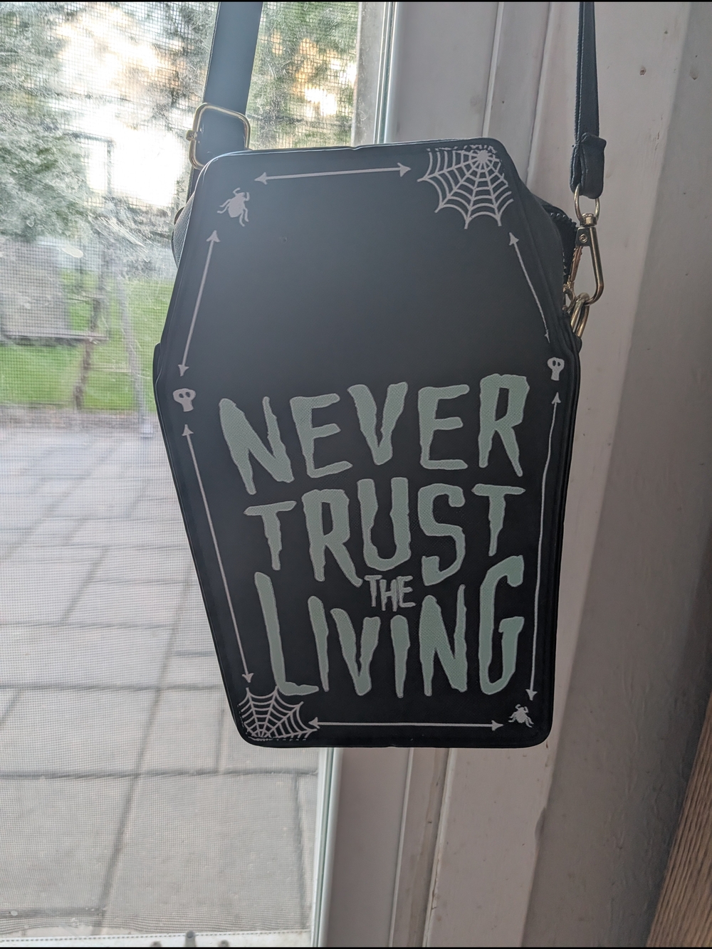 Coffin Crossbody Bag - "Never Trust The Living" Graphic